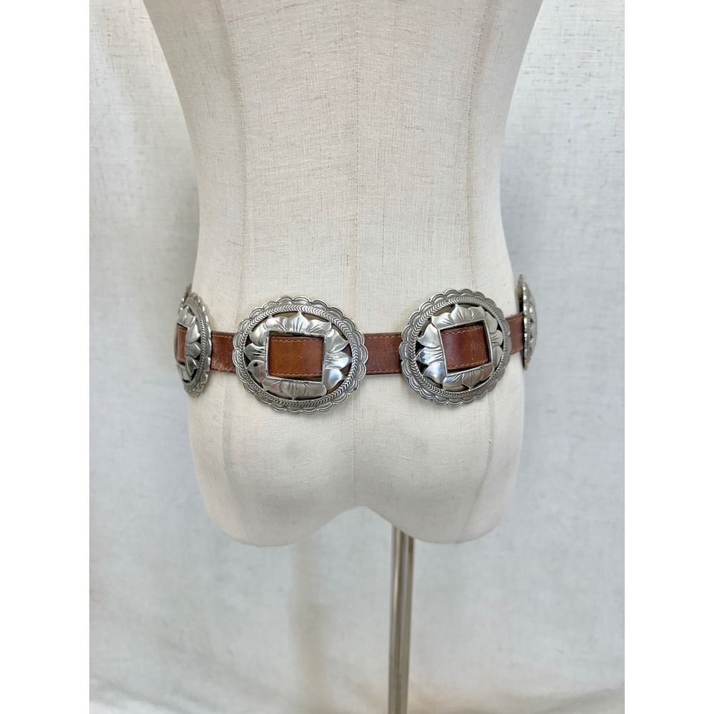 Vintage '93 Brown Leather Sunflower Silver Concho Belt Womens Large Southwestern - Picture 2 of 16